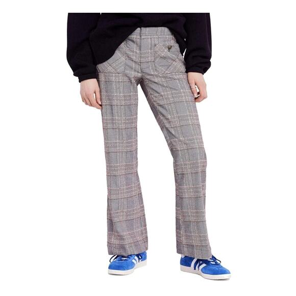 Free People Women's Plaid Wide Leg Bell Bottom Pants SZ 12 - Picture 2 of 11